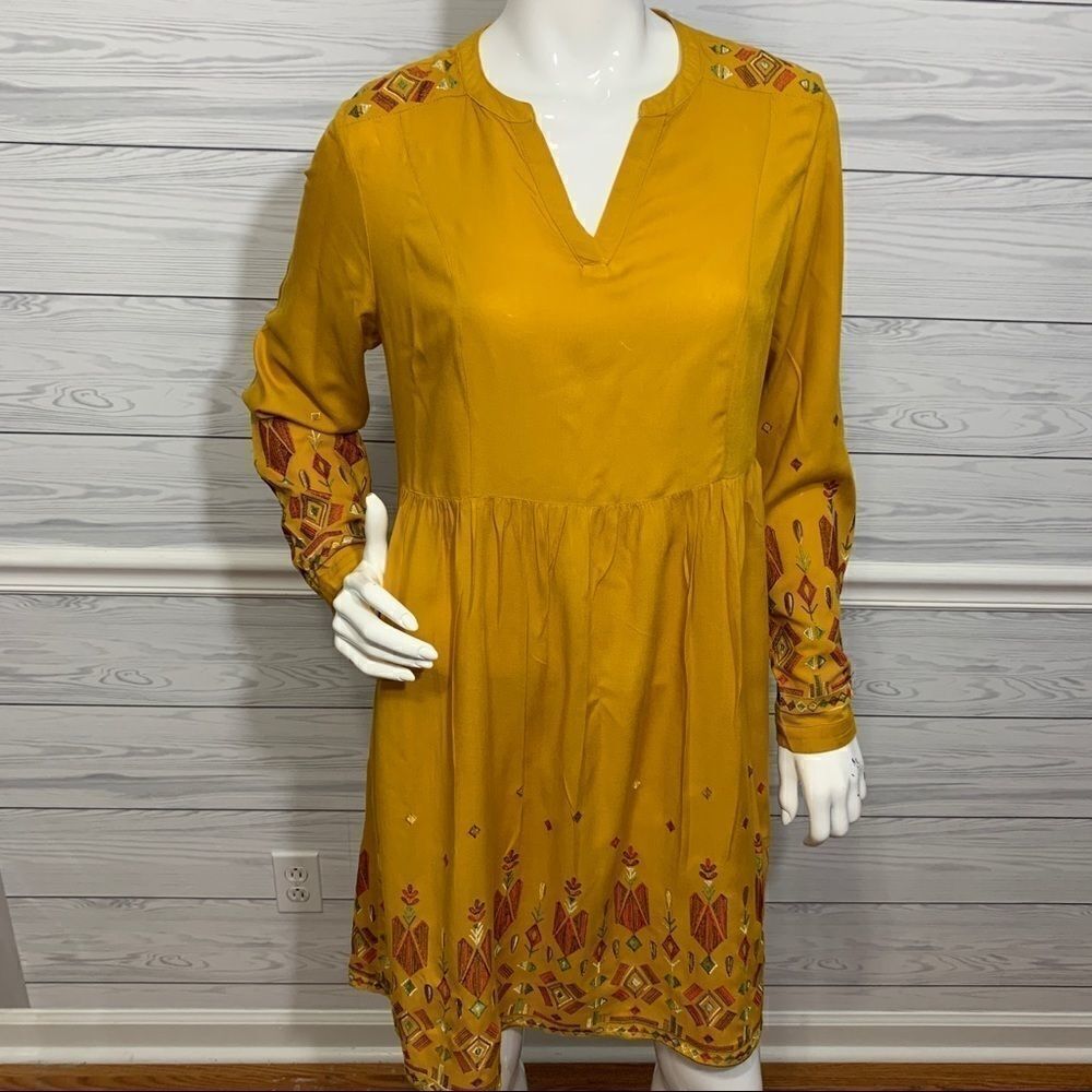 Beach Lunch Lounge Mustard Yellow Aztec Finely Embroidered Boho Dress - S - Picture 5 of 16
